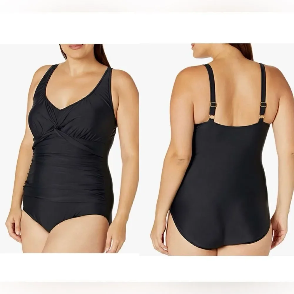 Maxine Of Hollywood womens Plus-size V-neck Shirred Twist Front One Piece Swimsu